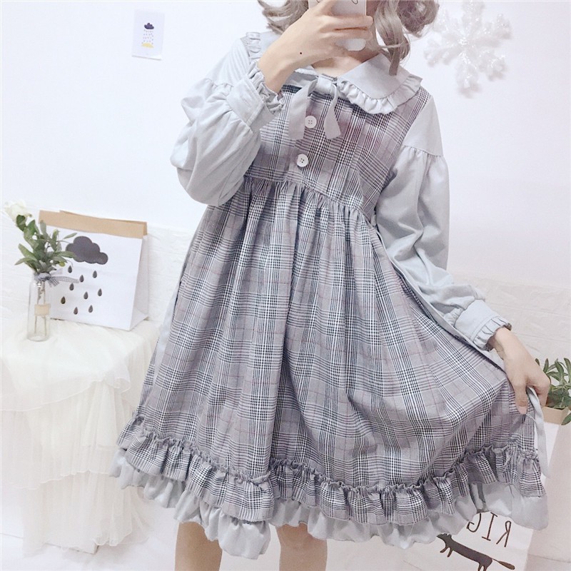 Đầm baby doll lolita tay dài cổ áo búp bê váy xòe ulzzang (2 màu )