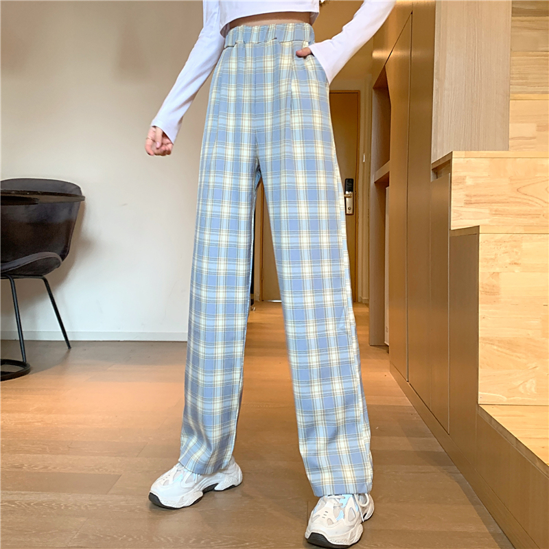 SUXI Quần Dài Lưng Cao Ống Rộng Họa Tiết Sọc Caro Cho Nữ