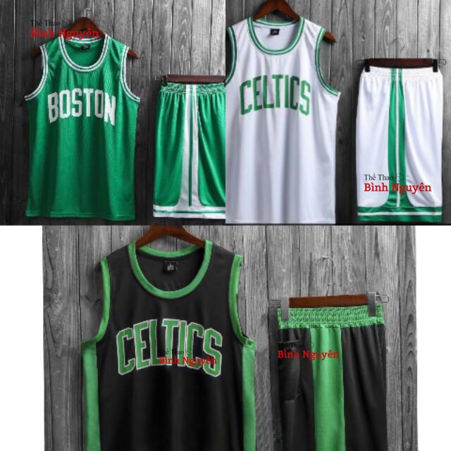 Bộ quần áo bóng rổ Boston Celtics xanh - trắng chất đẹp nam nữ thun mè tháng mát thấm hút mồ hôi