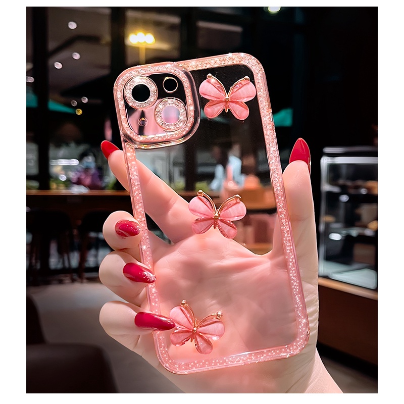 Ốp Bảo Vệ Camera Bướm Kim Loại Lấp Lánh Sang Trọng Cho iPhone 13 12 11 Pro Max X XS XR 7 8 Plus SE3 Ốp điện thoại Silicon Mềm Trong Suốt Chống Sốc