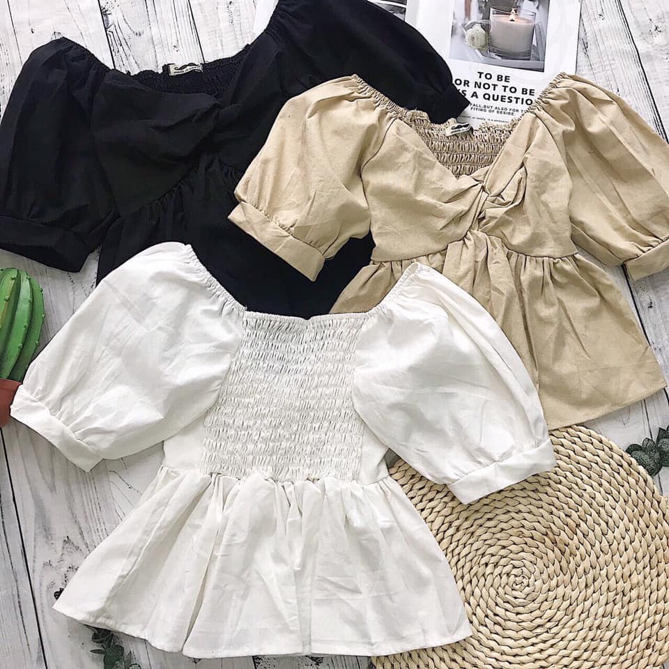Áo Croptop áo kiểu nữ nhún ngực trễ vai Sexy tay phồng phong cách Ulzzang Hàn Quốc