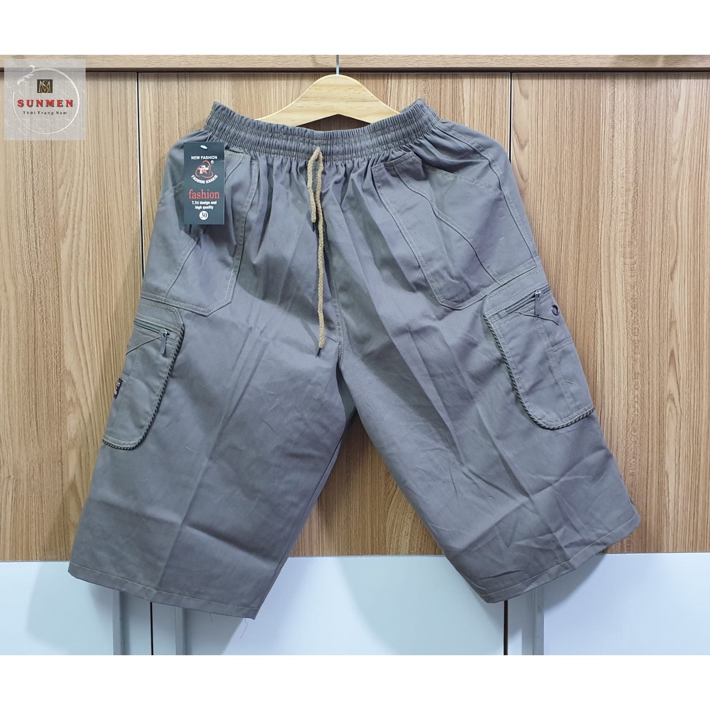 [HCM] Quần Short Nam Kaki Lụa Cong Túi Hộp Lưng Thun Co Giãn From Rộng Trung Niên Có Túi Khóa Kéo SUNMEN Size Từ 50-90kg