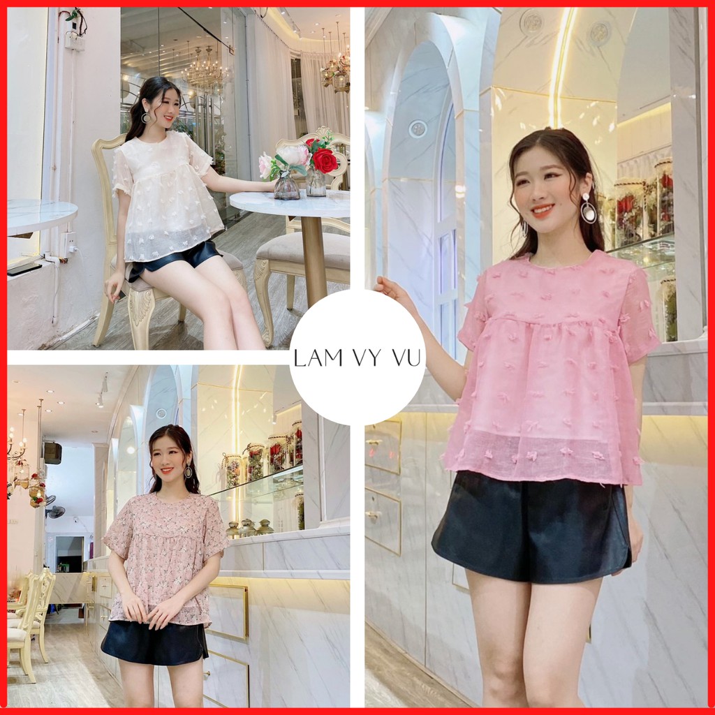 Áo Kiểu Nữ Babydoll Hoa Nhí  LAMVYVU  FREESHIP  Áo babydoll nữ hoa nhí Vintage Ulzzang chất đũi - voan 2 lớp