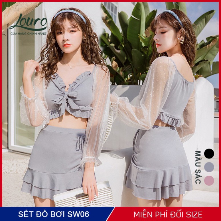 Áo bơi nữ 2 mảnh liền kín đáo Louro, kiểu bikini đi biển tay ngắn chun eo tay bồng phong cách đồ bơi hàn quốc - SW06 | BigBuy360 - bigbuy360.vn