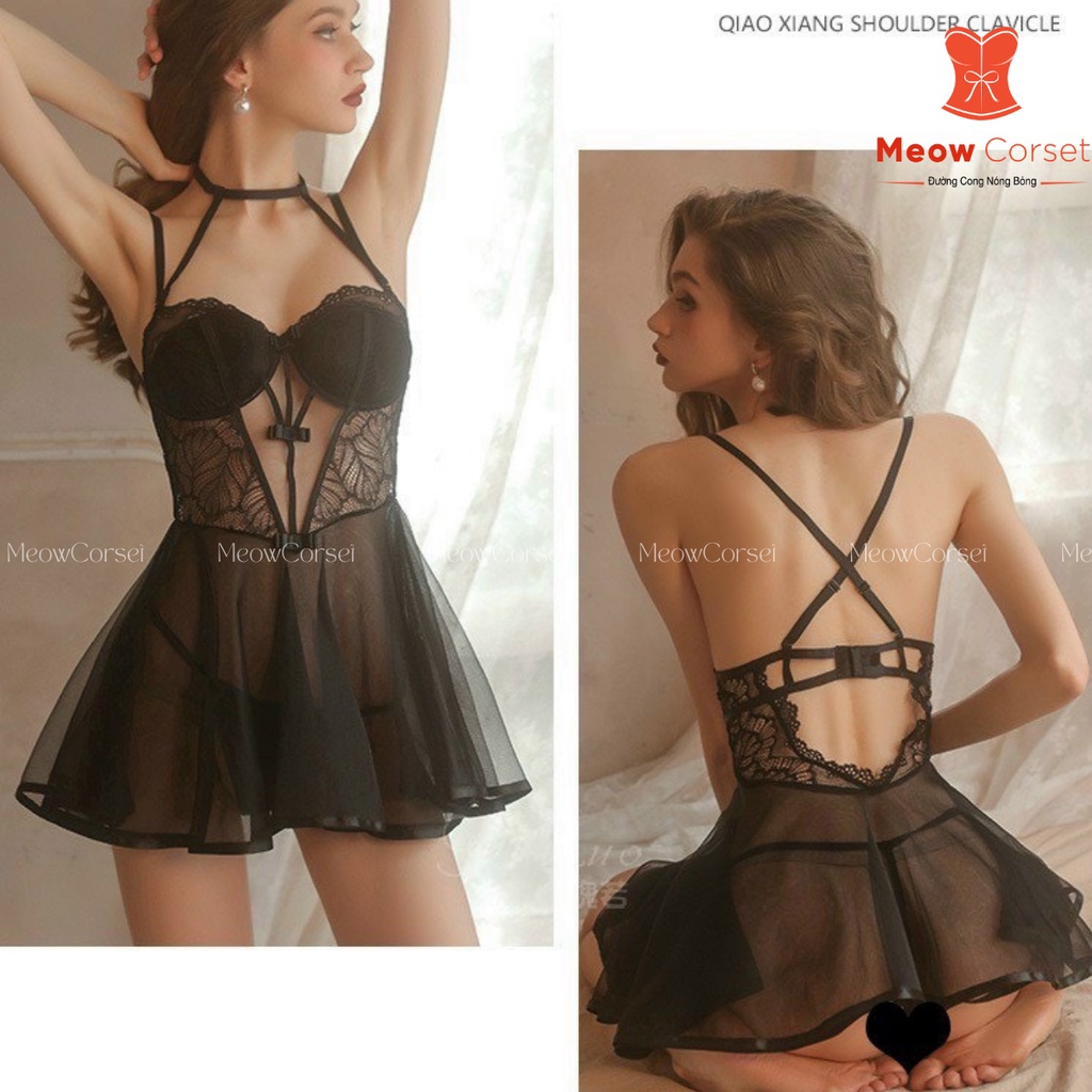 Bộ đồ lót váy đầm ngủ có đệm ngực sexy kèm quần lọt khe 1732 [MEOW Corset]