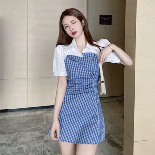 Đầm Sơmi Sọc Caro Xanh Nhún Eo