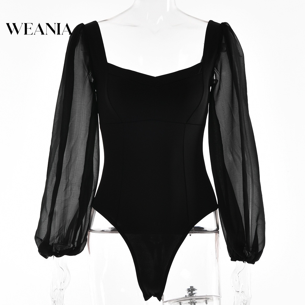 Bộ Áo Liền Quần Cổ Vuông Phối Lưới Dáng Ôm Quyến Rũ Cho