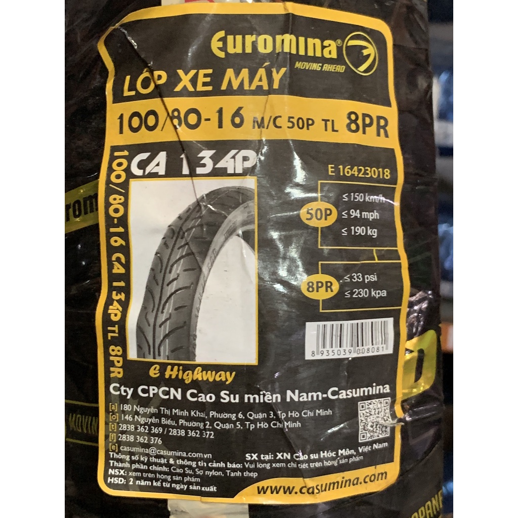 Vỏ Euromina 100-120/80/16 Bánh Trước/Sau SH 125/150 - Không Ruột
