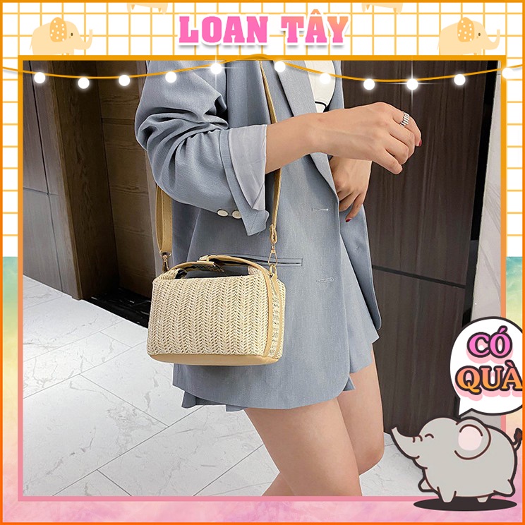 Túi Cói Đi Biển Dáng Hộp Quai Mix Khóa Cài Sang Xinh Style Hàn Quốc