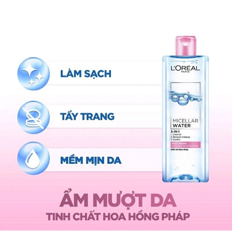 Nước tẩy trang cho mọi loại da Loreal Paris 3in1 Micellar Water 400ml