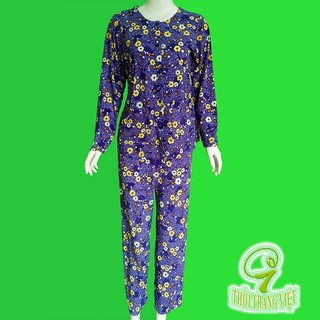 đồ bộ thun nữ quần dài trung niên lớn tuổi, áo 2 túi cổ tròn tay dài - màu xanh dương đậm