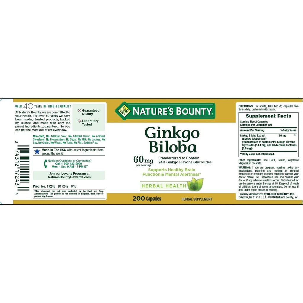 Viên bổ não Nature’s Bounty Ginkgo Biloba 120mg 100v 60mg 200v