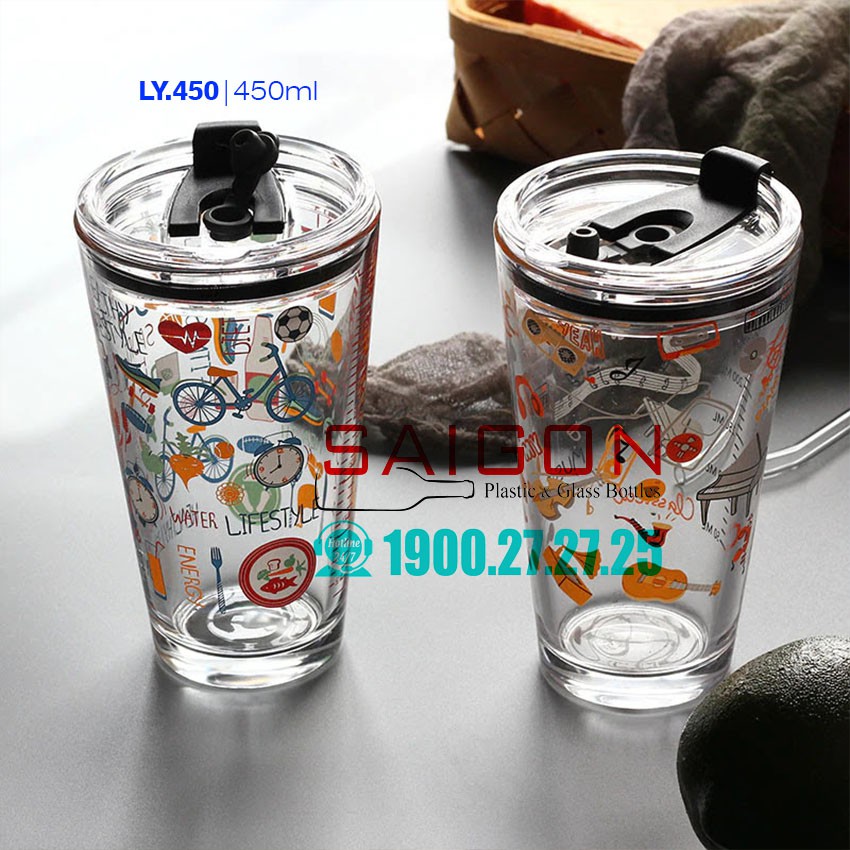 Ly Thủy Tinh Chia Vạch Có in hình Ngộ nghĩnh | Kèm Nắp Nhựa Ngăn Tràn