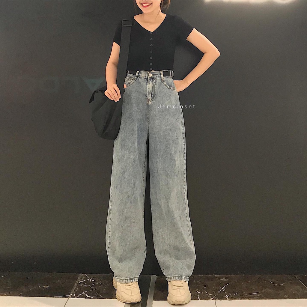 Quần Jean Dài Ống Rộng Quần Bò Nữ Đẹp Dáng Suông Thắt Lưng Eo Cạp Cao Màu Xanh Nhạt Phong Cách Năng Động 2264