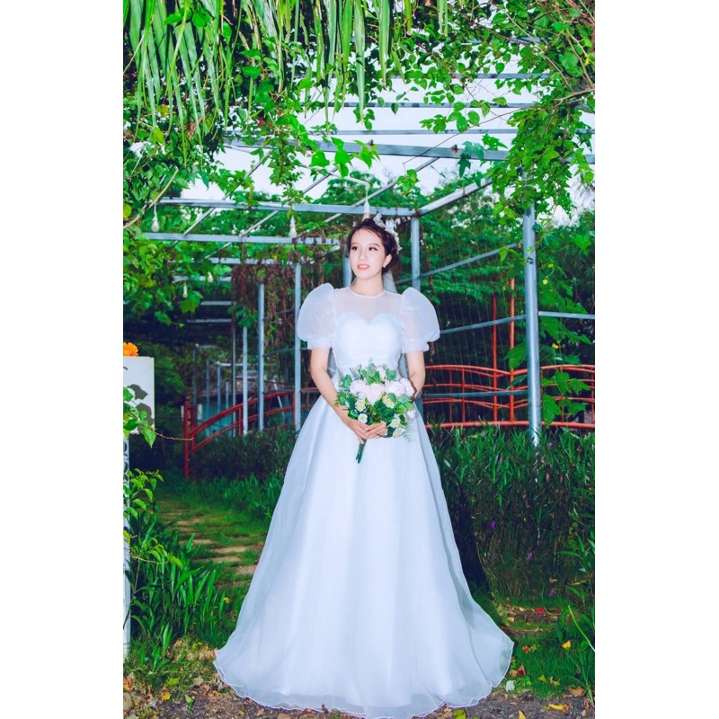 Có big Size váy cưới cô dâu trắng tay phồng váy xòe, dạ hội trắng xoè, váy cưới hiện đại