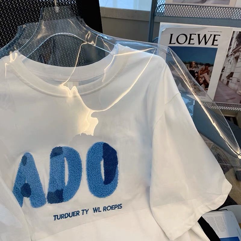 Áo Thun Ngắn Tay Dáng Rộng Thêu Chữ Phong Cách Nhật Bản Mới Cho Nữ