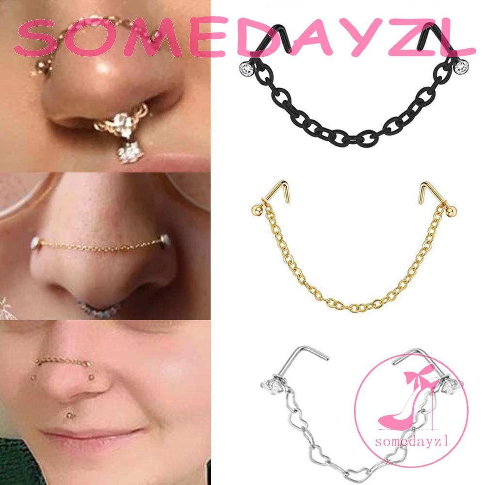 SOMEDAYZL Nose Piercing Ring Body Jewelry Gifts Hip Hop Nostril Ball Stainless Steel Love Heart Chain Earrings Piercing Nose Stud