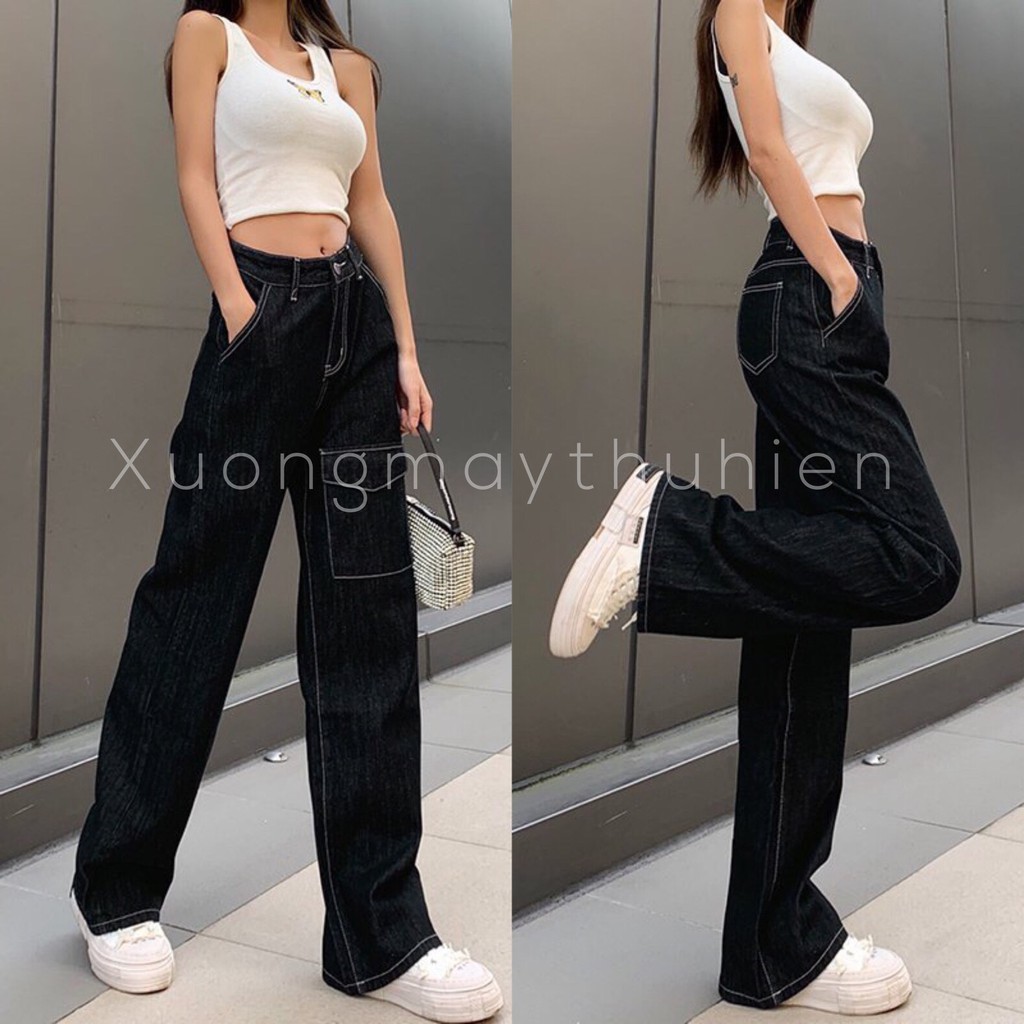 Quần suông ống rộng giả jeans túi hộp/ Quần dài nam nữ lưng cao dập chỉ nổi trẻ trung cá tính_xuongmaythuhien