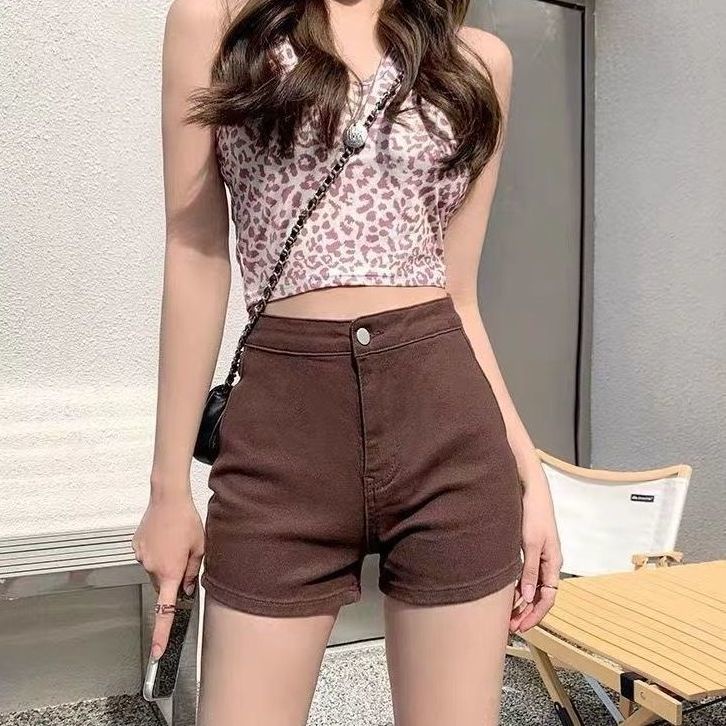 Quần denim ngắn siêu ôm dáng lưng cao màu nâu thời trang 2022 mùa hè cho nữ