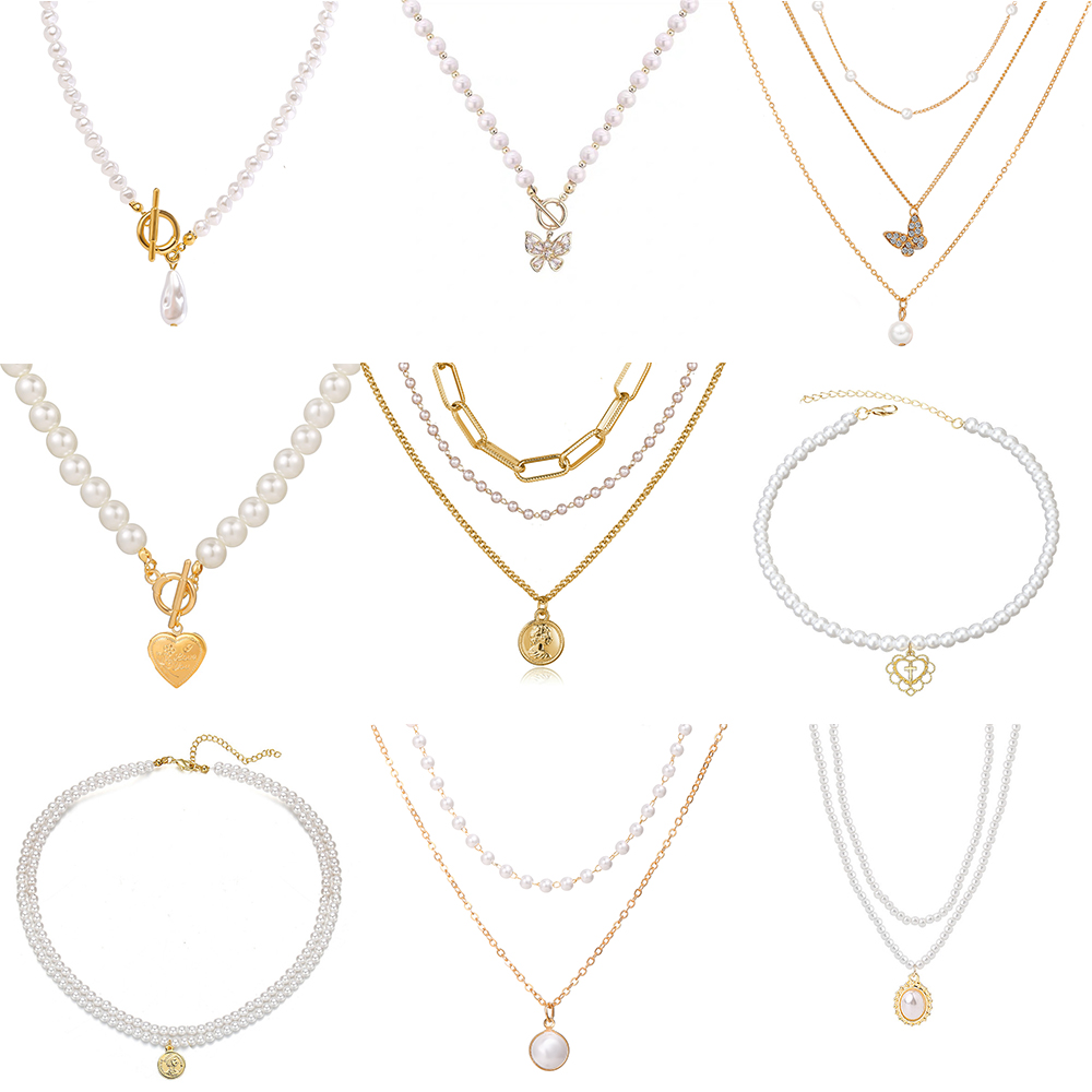 Set vòng cổ hợp kim tùy chọn kiểu dáng đính ngọc trai nhân tạo xinh xắn dành cho nữ (có bán lẻ)