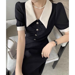 Đầm váy freesize đen cổ trắng nút trước