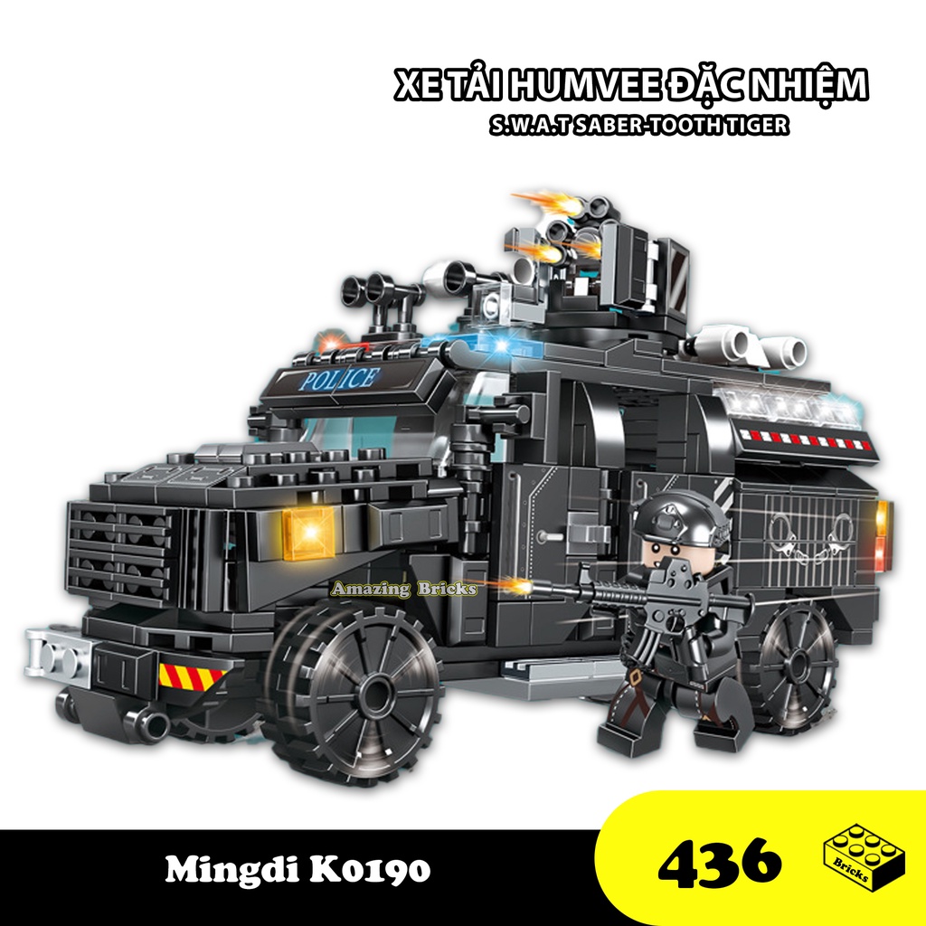 Đồ chơi Lắp Ráp Xe Tải Cảnh Sát Đặc Nhiệm, Mingdi K0190 Humvee Car Police S.W.A.T, Xếp hình thông minh