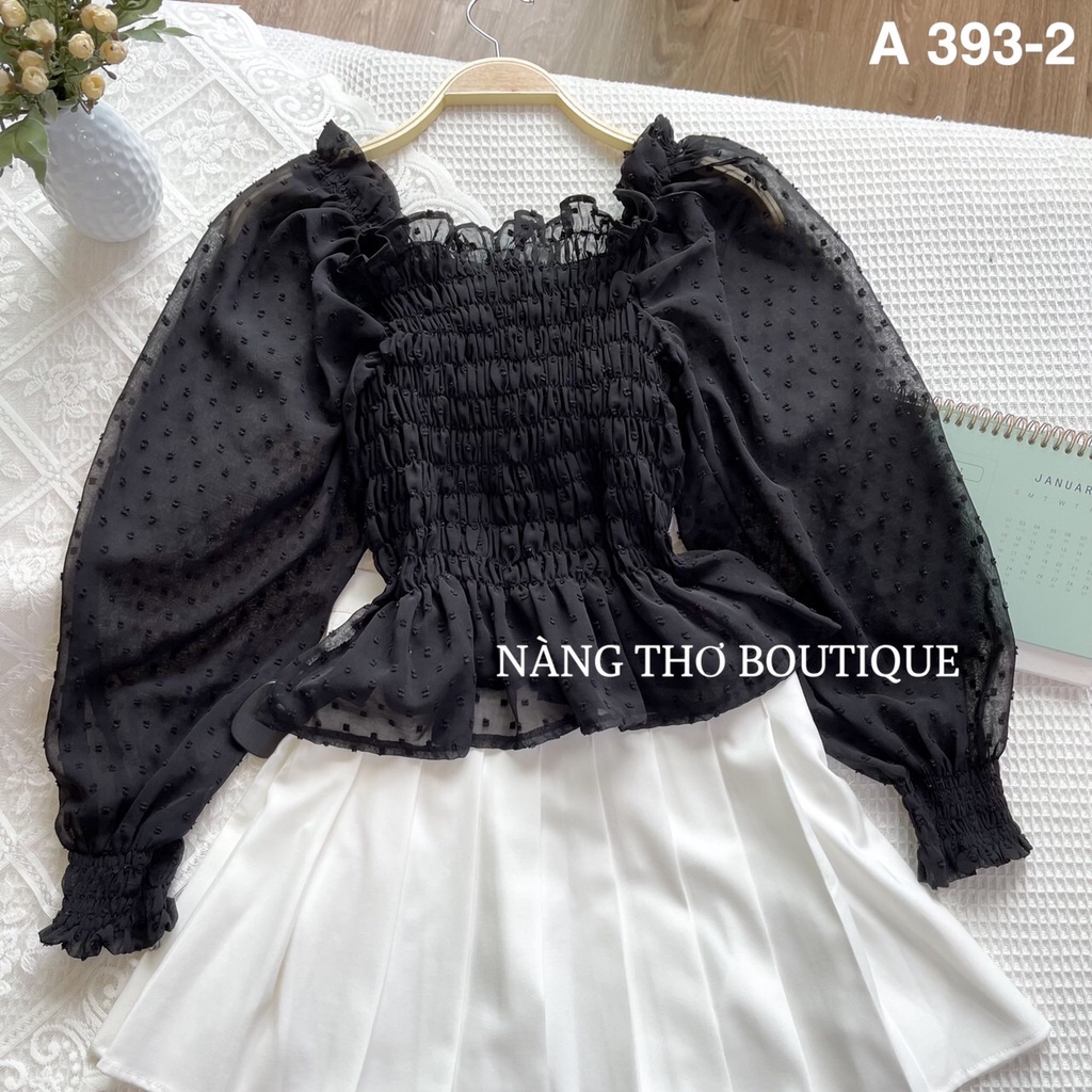 Áo voan hạt chun đen Ulzzang cổ bèo tiểu thư (ảnh thật do shop chụp) 393-2