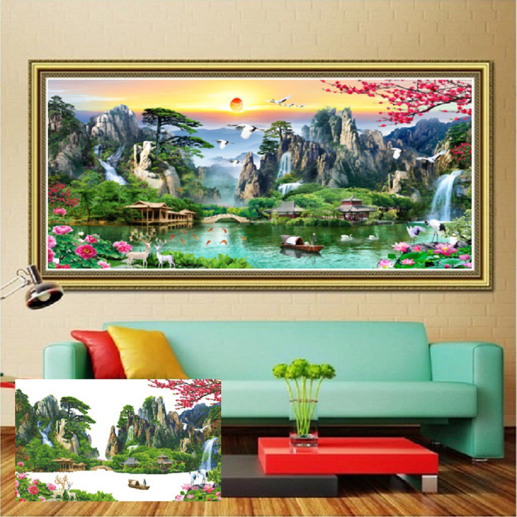 Tranh Thêu Chữ Thập Phong Cảnh 3D Lưu Thủy Sinh Tài KT:160x75cm-200-90cm