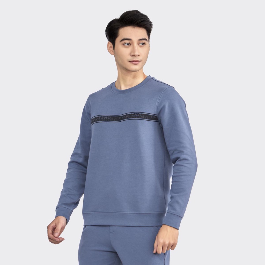 Bộ Đồ Dài Thu Đông Mặc Nhà Nam ARISTINO ALH012W2 Vải Cotton Màu Xanh Dáng Suông Áo Cổ Tròn Bo Cổ Gấu Tay Quần Cạp Chun