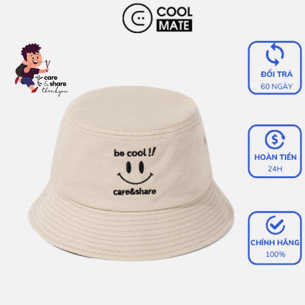 Mũ Bucket Hat thêu Be Cool!! Care &amp; Share màu be thương hiệu Coolmate