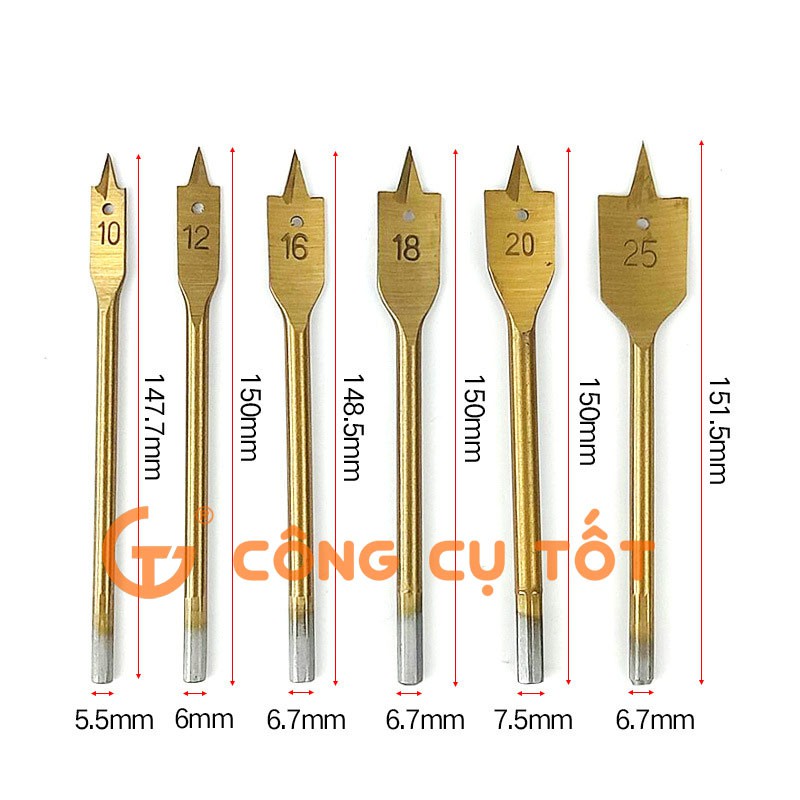 Bộ 6 mũi khoan khoét lỗ gỗ đuôi cá phủ TITANIUM 10-25mm