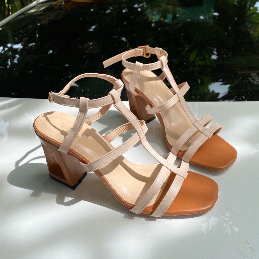 [FREESHIP EXTRA] Sandal Dây Gót Khoét pha 2 màu cao 7P Đơn giản mà Tinh tế  - Giày Bánh Bèo mã Gót Khoét