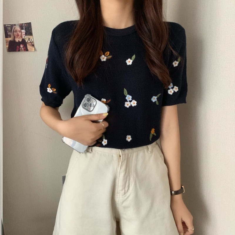 Áo ZHELIHANGFEI dệt kim tay ngắn cổ tròn thêu hoa nhỏ dễ thương thời trang cho nữ