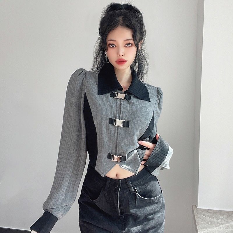 Áo Khoác Mỏng Ngắn Dáng Ôm Tay Phồng Cài Nút Kim Loại Thiết Kế Bất Đối Xứng Cho Nữ