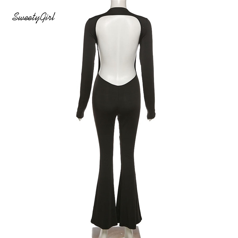 Áo liền quần tay dài cổ tròn hở lưng màu trơn kiểu dáng thời trang gợi cảm cho nữ