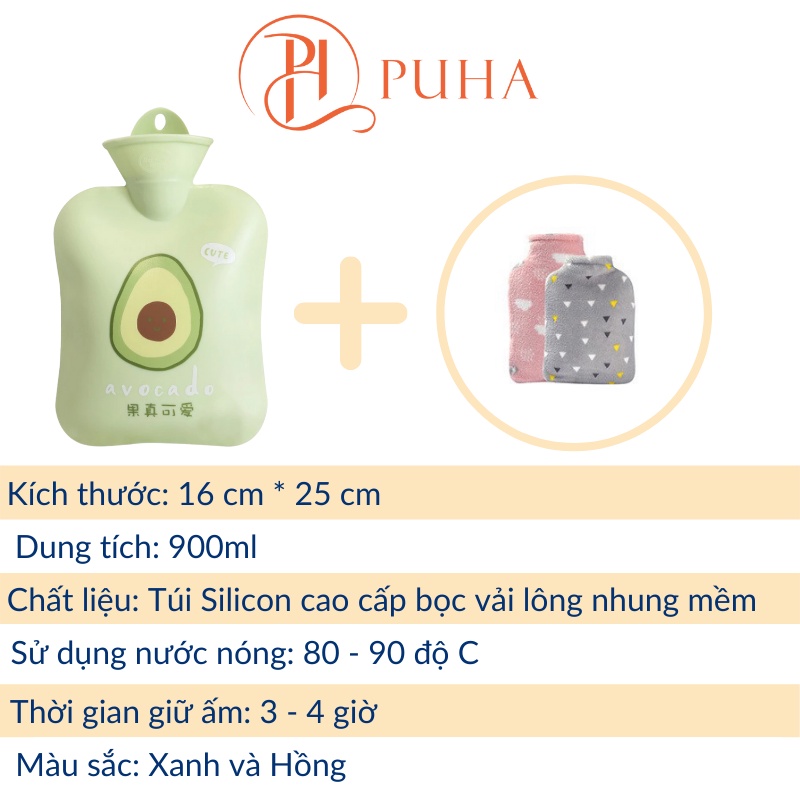 Túi chườm nóng lạnh đa năng giữ nhiệt sưởi ấm giảm đau bụng kinh Puha 900ml màu xanh bơ cute