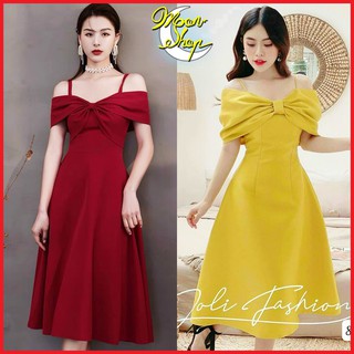 Đầm dự tiệc trễ vai nơ 2 màu đỏ, vàng kiểu dáng sang trọng, quyến rũ - MOONSHOP M0802