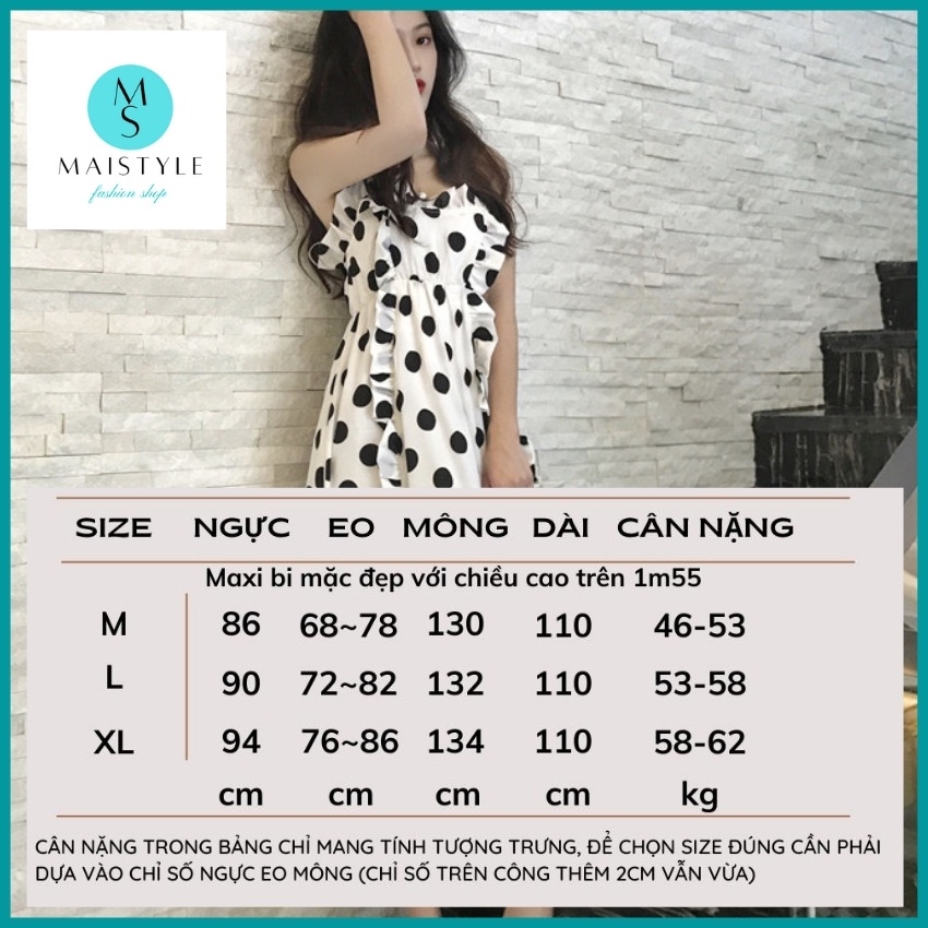 Đầm nữ MAISTYLE váy lụa maxi suông dài 2 dây chấm bi trắng eo thun đẹp vintage tiểu th