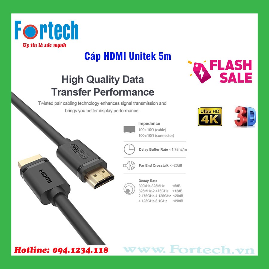 Cáp HDMI Unitek 5m Y-C140 - hỗ trợ 4K Ultra HD và 3D