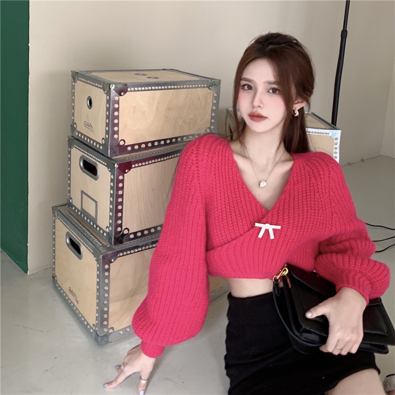 Áo kiểu tay dài phồng cổ chữ V form rộng thời trang mùa thu dễ phối đồ