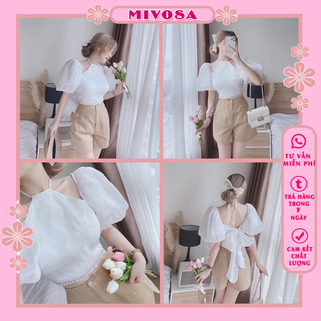Set áo yếm tơ bèo mix quần short đùi be đồ bộ nữ tiểu thư xinh xắn MIVOSA DB367