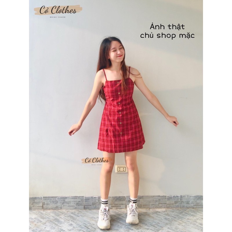 Váy 2 dây kẻ nơ lưng phong cách Ulzzang - Đầm dáng xoè 2 dây lẻ đỏ caro