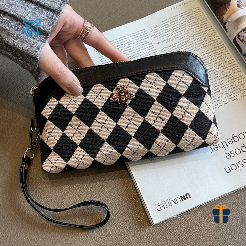 Excellent Canvas Leather Long Women Clutches Wallets Luxury Brand Style Bee Clutch Bag Fashion Check Prints Ladies Coin Purses