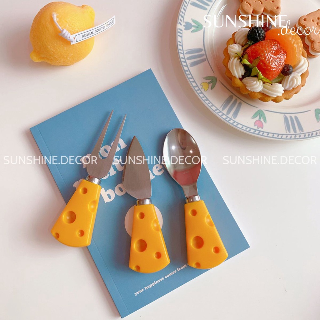 Set thìa, dao, dĩa hình phô mai và tay cầm gỗ siêu dễ thương ăn hoa quả, decor chụp ảnh