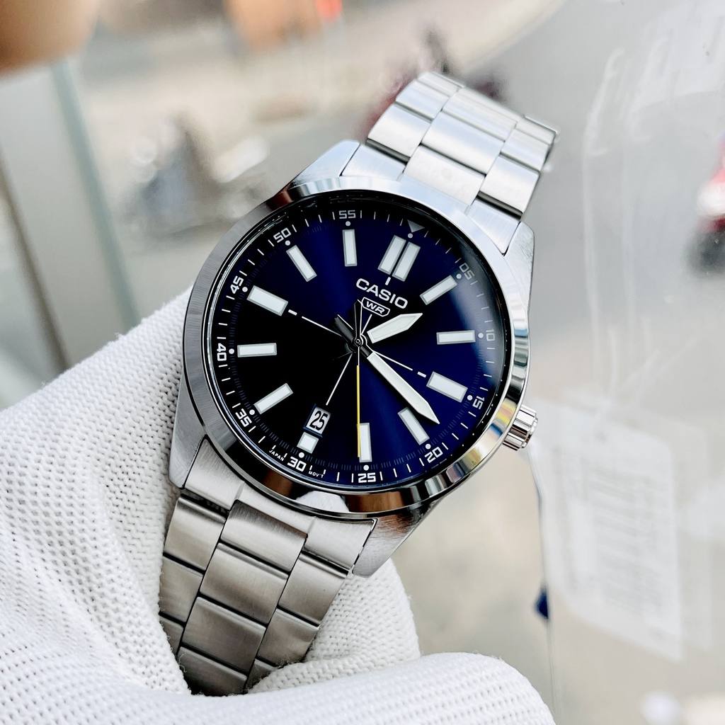 Đồng hồ nam dây thép cao cấp Casio MTP VD02D-2E mặt xanh - Size 41 Kim dạ quang Bảo hành 1 năm Hyma watch
