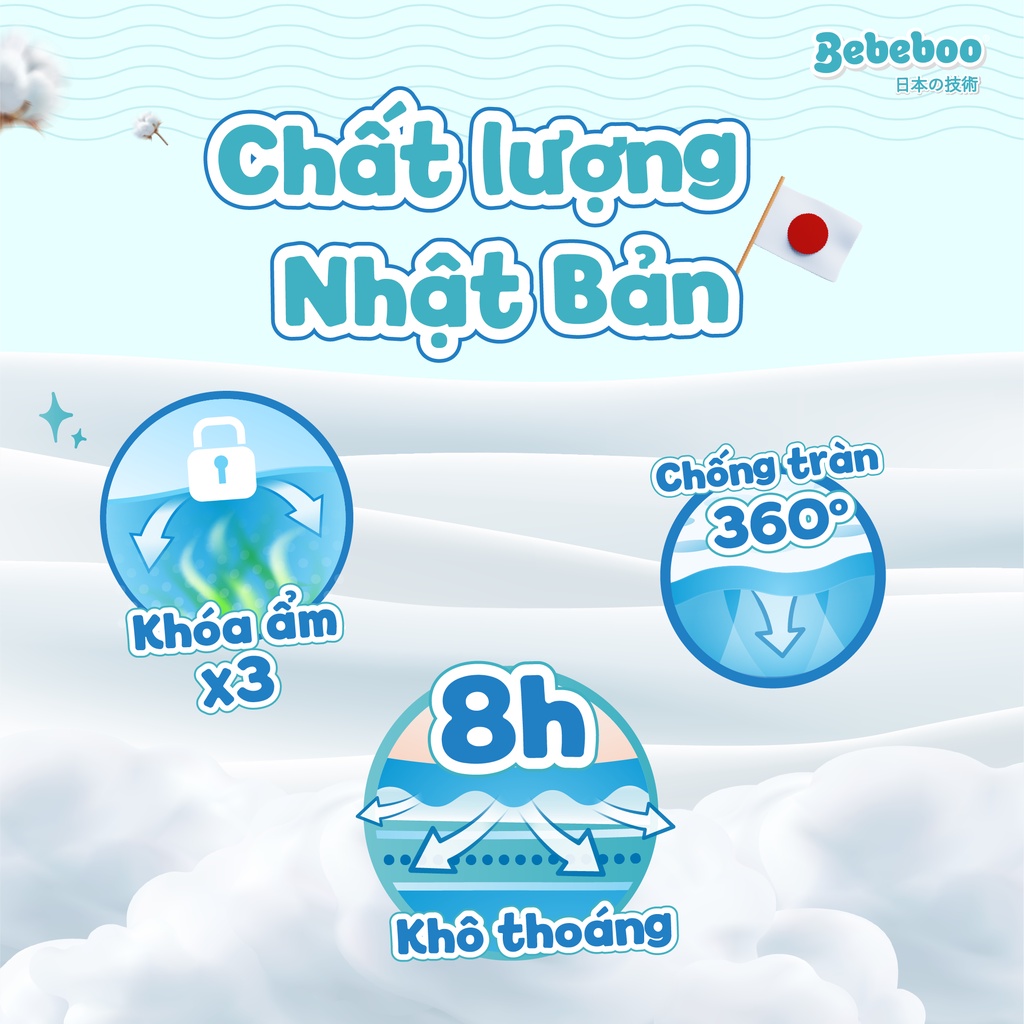 Tã/Bỉm dán Bebeboo Nhật Bản mỏng mềm thấm hút tốt, đóng ngày và đêm, đủ size - MUA 2 TẶNG 1 QUÀ