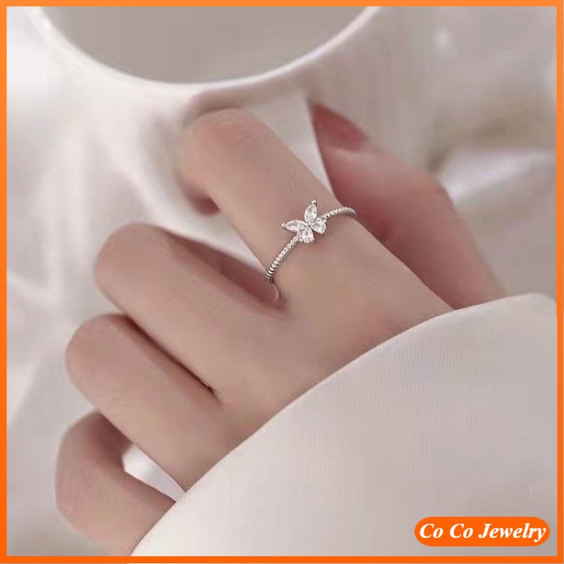 Nhẫn Hở Mạ Bạc 925 Hình Bướm Đính Kim Cương Nhân Tạo Phong Cách Hàn Quốc