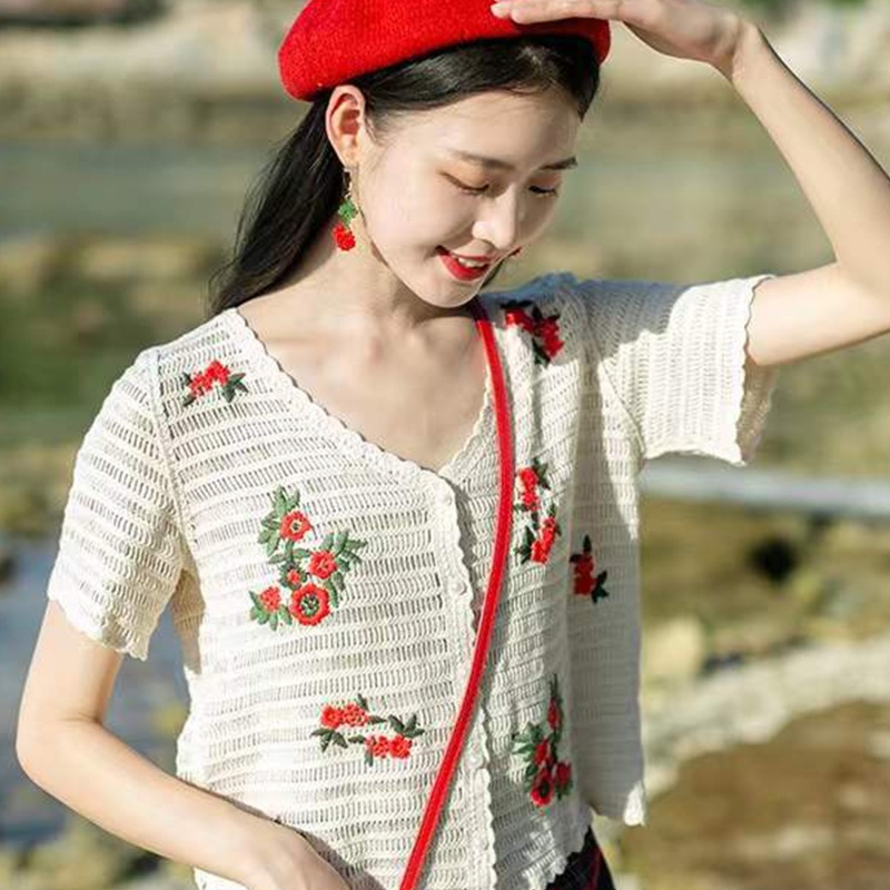 Áo khoác cardigan dệt kim tay ngắn cổ V thêu họa tiết hoa thời trang boho cổ điển phong cách mùa hè cho nữ