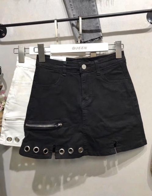 Chân váy kaki kiểu đục lỗ phối dây kéo
