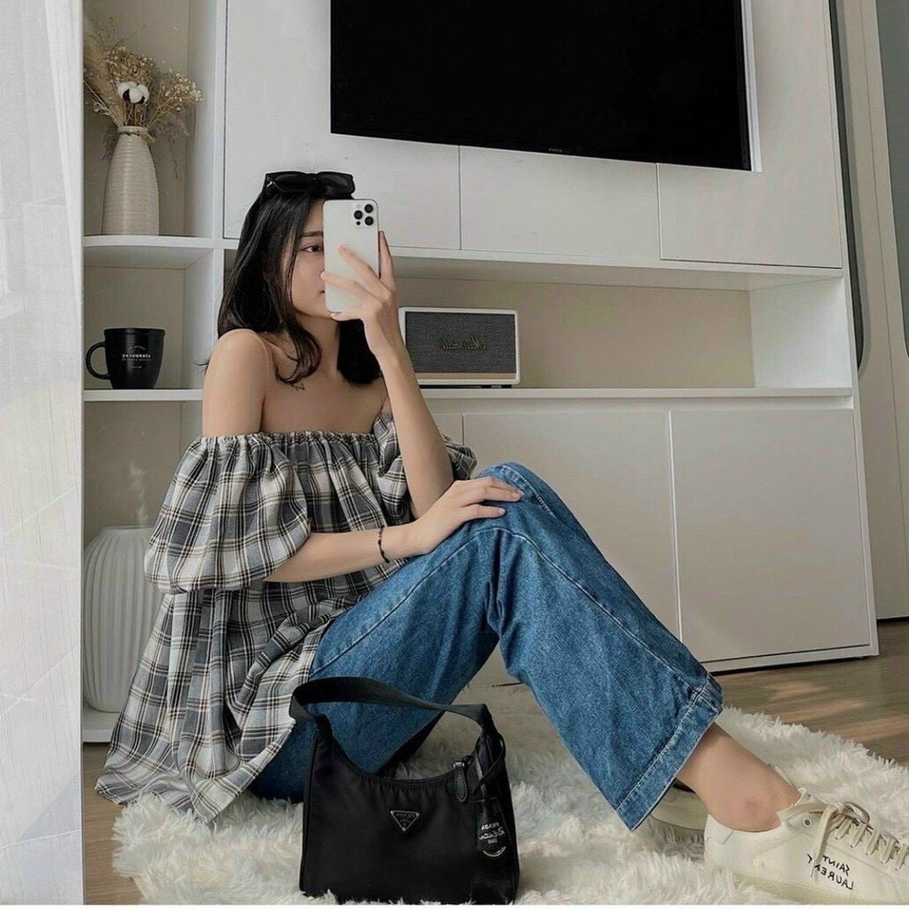 Áo Trễ Vai Tay Bồng Kẻ Sọc Caro 🦋FREESHIP🦋 Áo Bèo Kẻ Sọc Caro Linh Trần Store